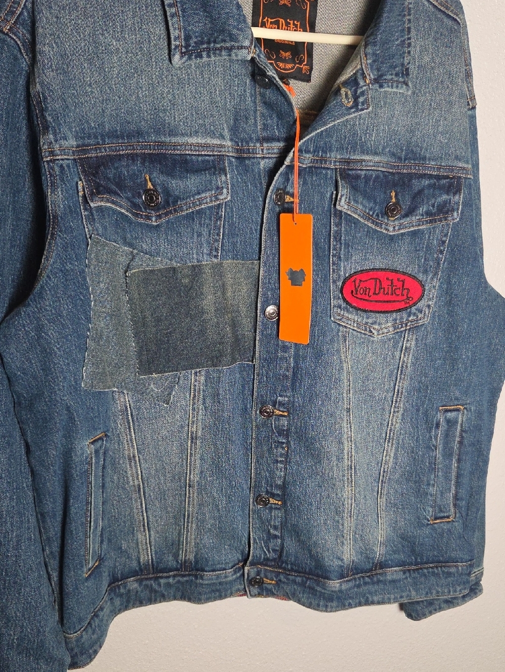 Von Dutch Blue Denim Patchwork Jacket with Orange Tag - Picture 1 of 11